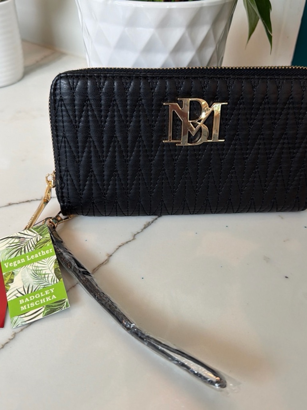 Badgley Mischka Black Quilted Wristlet with Gold Logo
